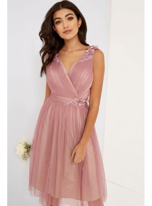Midi dress with embroidered flowers, mauve