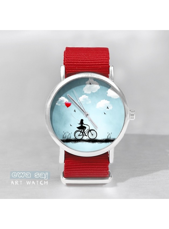 Hodinky „STAR GIRL LOVE“ – dámske hodinky dievča na bicykli s červeným remienkom
