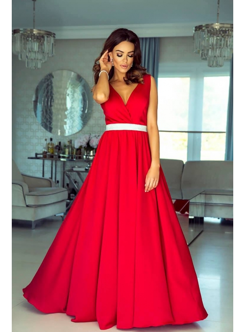 Maxi červené šaty se sříbrným pasem