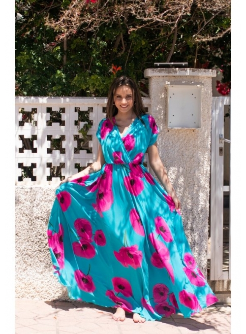 MAXI turquoise dress with flowers - XS
