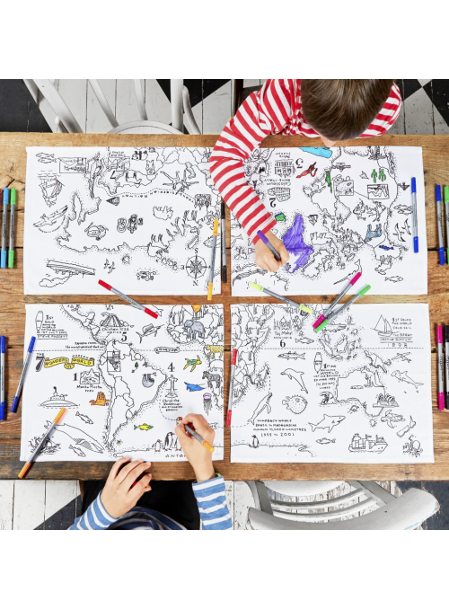 World Map - interactive placemat / 4 set / for coloring, color and learn