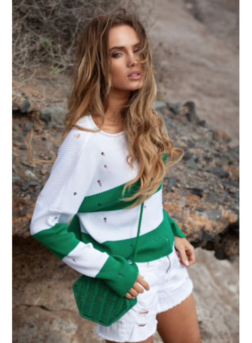 Trendy svetr s proužky, bílo-zelený