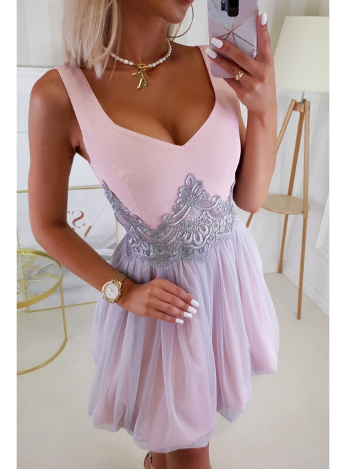 QUEEN - mini šaty s čipkou a padavou sukňou, ružovo šedé - XS