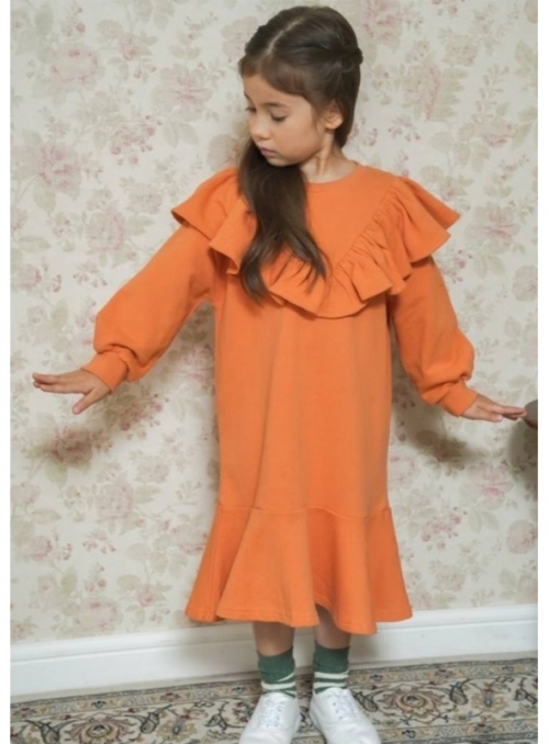 Pomarančové detské šaty s volánom, 5-6 rokov